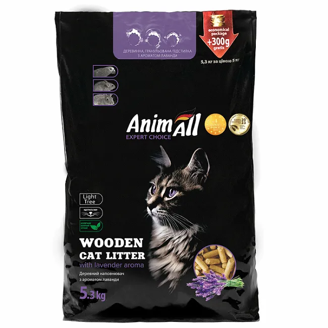 AnimAll древесный наполнитель с ароматом лаванды для кошек, 5 кг + 300 г в подарок
