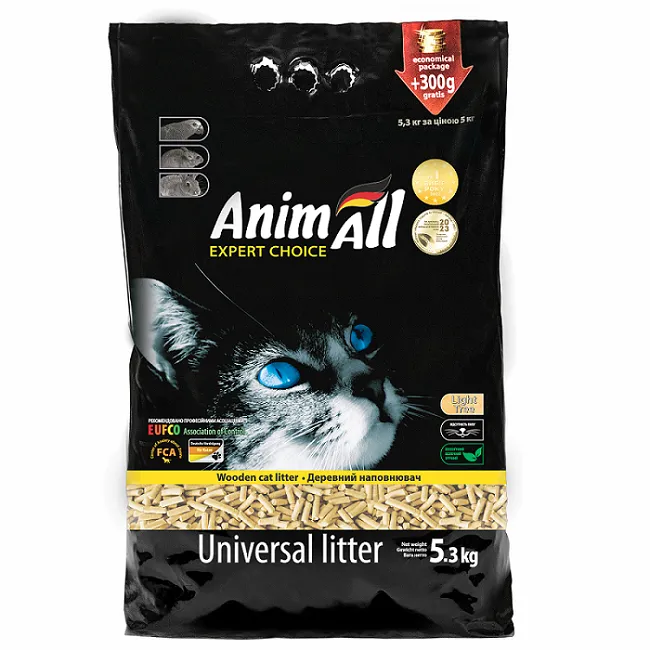 AnimAll древесный наполнитель без аромата, для кошек, 5 кг + 300 г в подарок