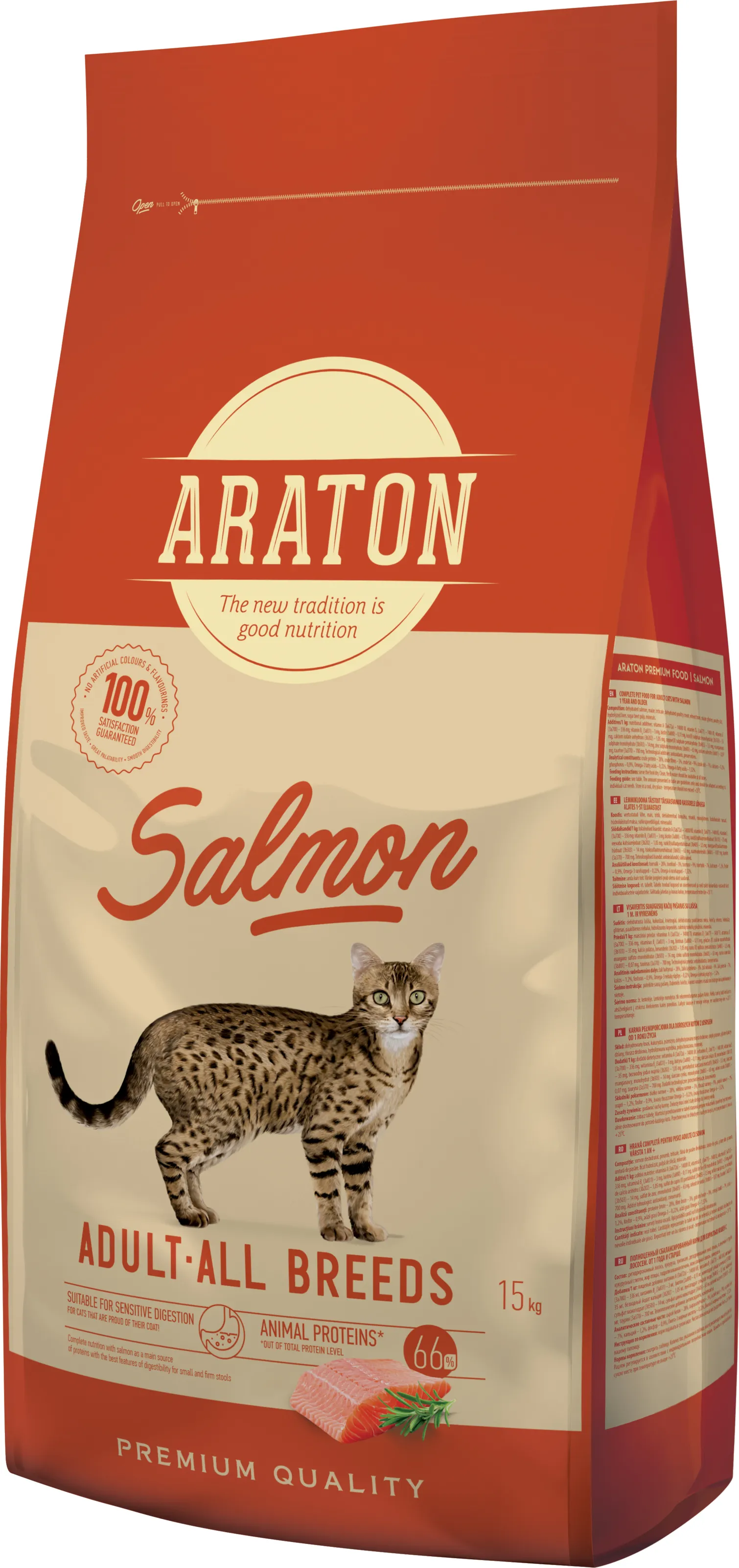 Araton Adult All Breeds Salmon сухой корм для взрослых кошек всех пород с лососем – 15 кг