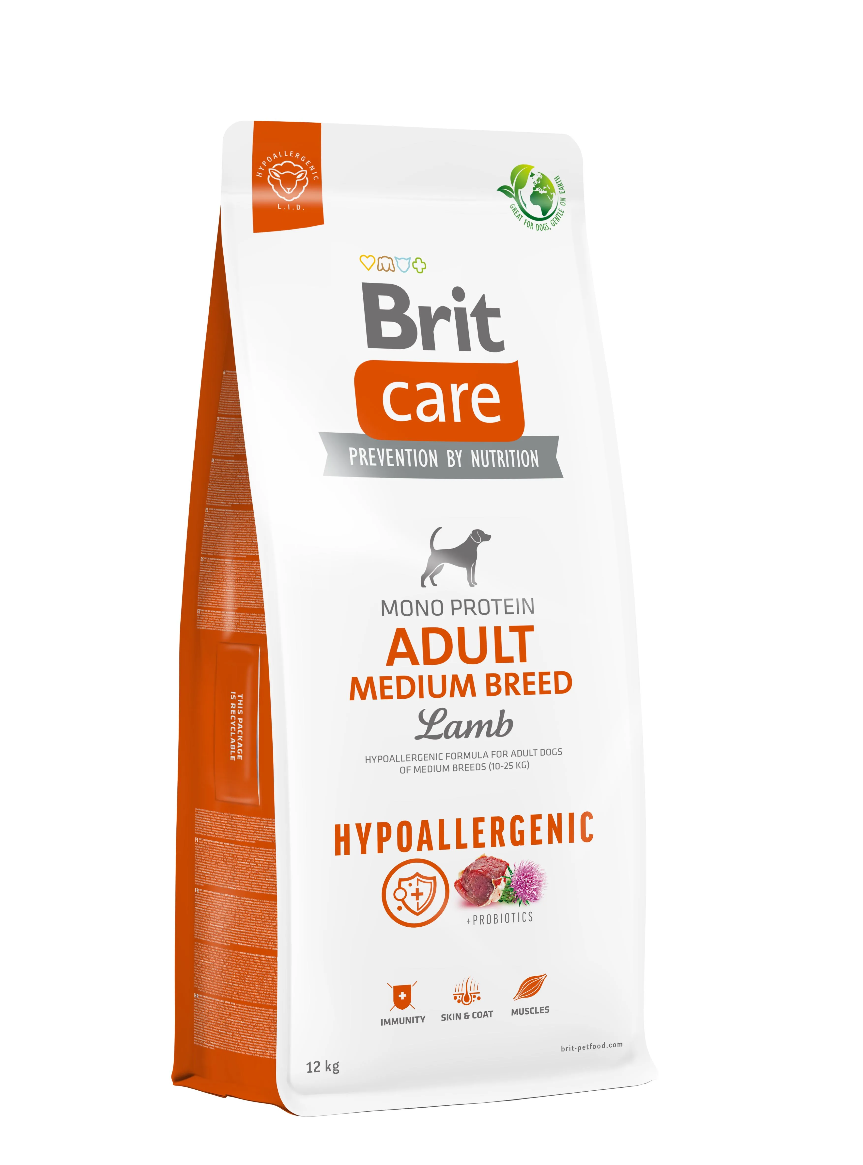 Brit Care Dog Hypoallergenic Adult Medium Breed монопротеиновый гипоаллергенный сухой корм для собак средних пород с ягненком - 12 кг