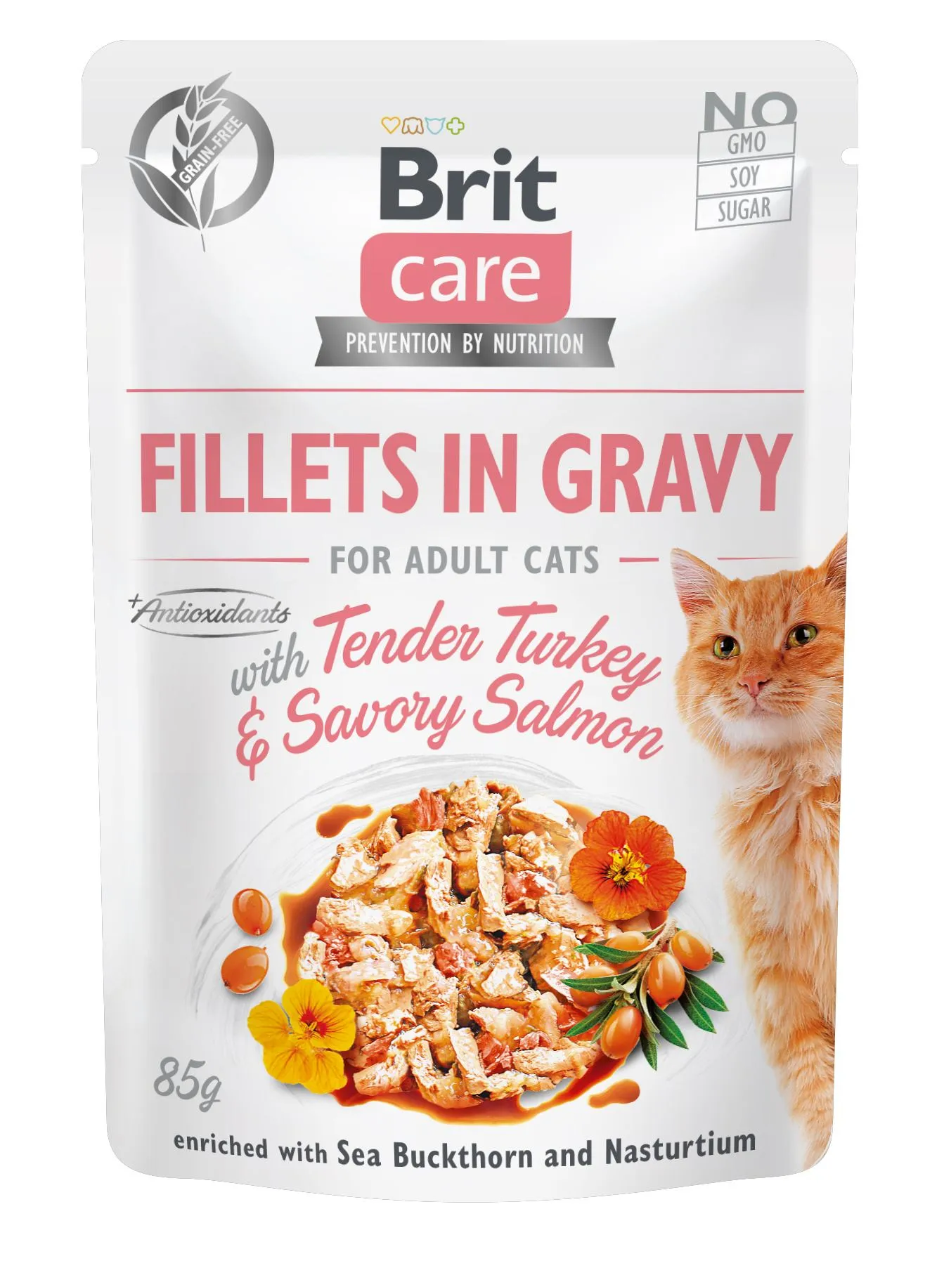 Brit Care Fillets in Gravy Tender Turkey & Savory Salmon влажный корм с нежной индейкой и пикантным лососем для кошек (филе в соусе) – 85 г