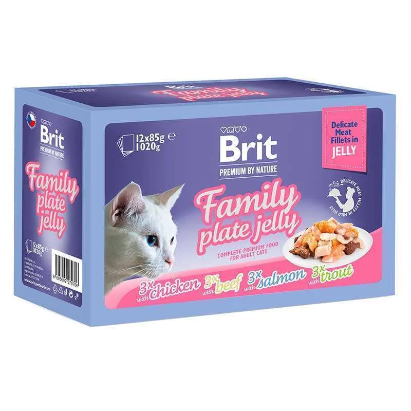 Brit Premium by Nature Cat Adult Family Plate in Jelly набор влажных кормов "Семейная тарелка" для взрослых кошек (кусочки в желе) - 12 х 85 г