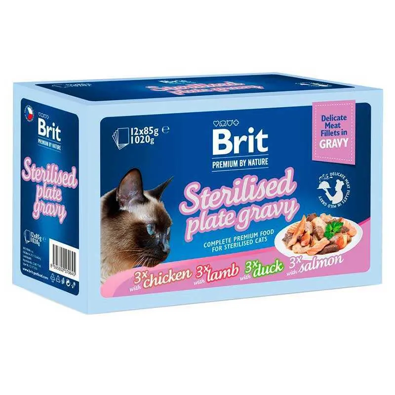 Brit Premium by Nature Cat Sterilised Family Plate in Gravy набор влажных кормов "Семейная тарелка" в соусе для стерилизованных кошек (кусочки в соусе) - 12 шт х 85 г