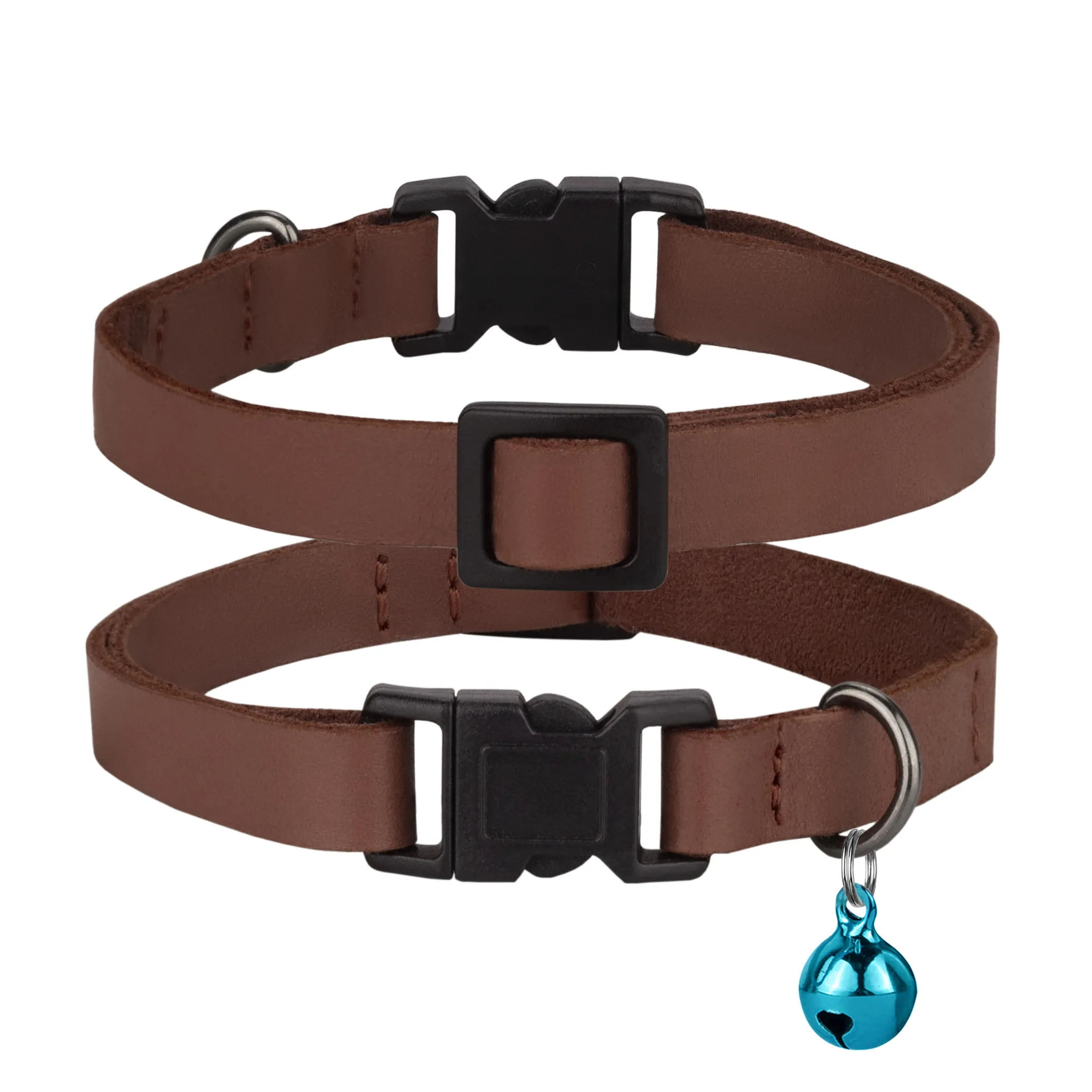 BronzeDog Crazy Ошейник кожаный плоский для Кошек с голубым колокольчиком Коньяк XS