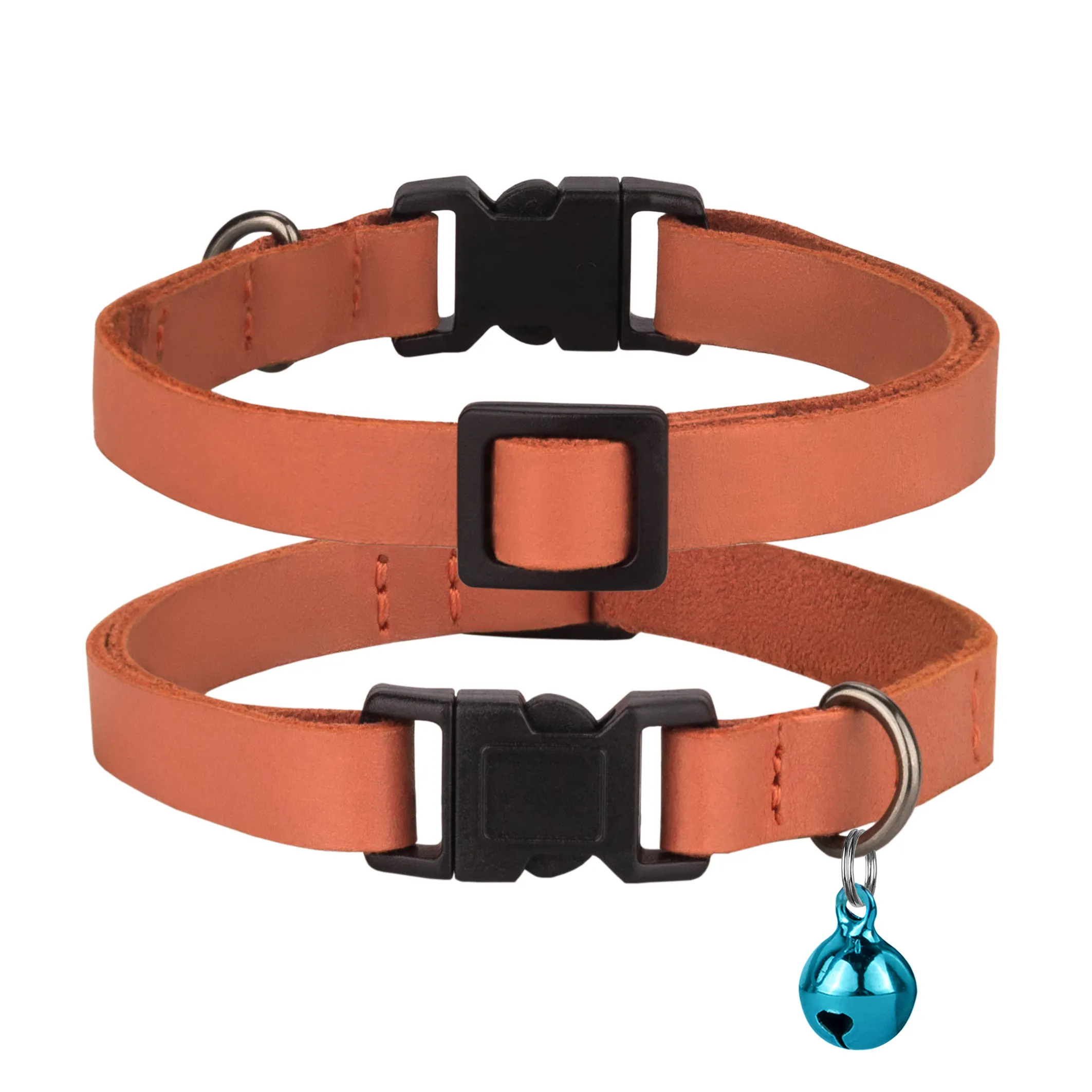 BronzeDog Crazy Ошейник кожаный плоский для Кошек с голубым колокольчиком Персик XS