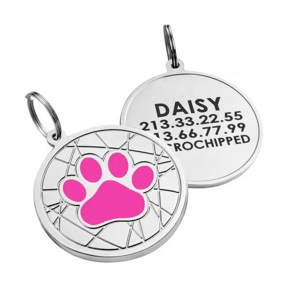 BronzeDog Эмалированный Адресник для Собак Лапка на Фоне Объемной Паутинки Розовый L