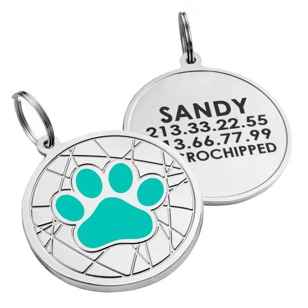 BronzeDog Эмалированный Адресник для Собак Лапка на Фоне Объемной Паутинки Бирюзовый S