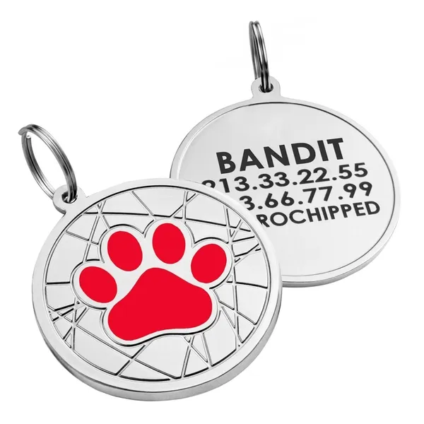 BronzeDog Эмалированный Адресник для Собак Лапка на Фоне Объемной Паутинки Красный S