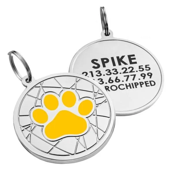 BronzeDog Эмалированный Адресник для Собак Лапка на Фоне Объемной Паутинки Желтый S