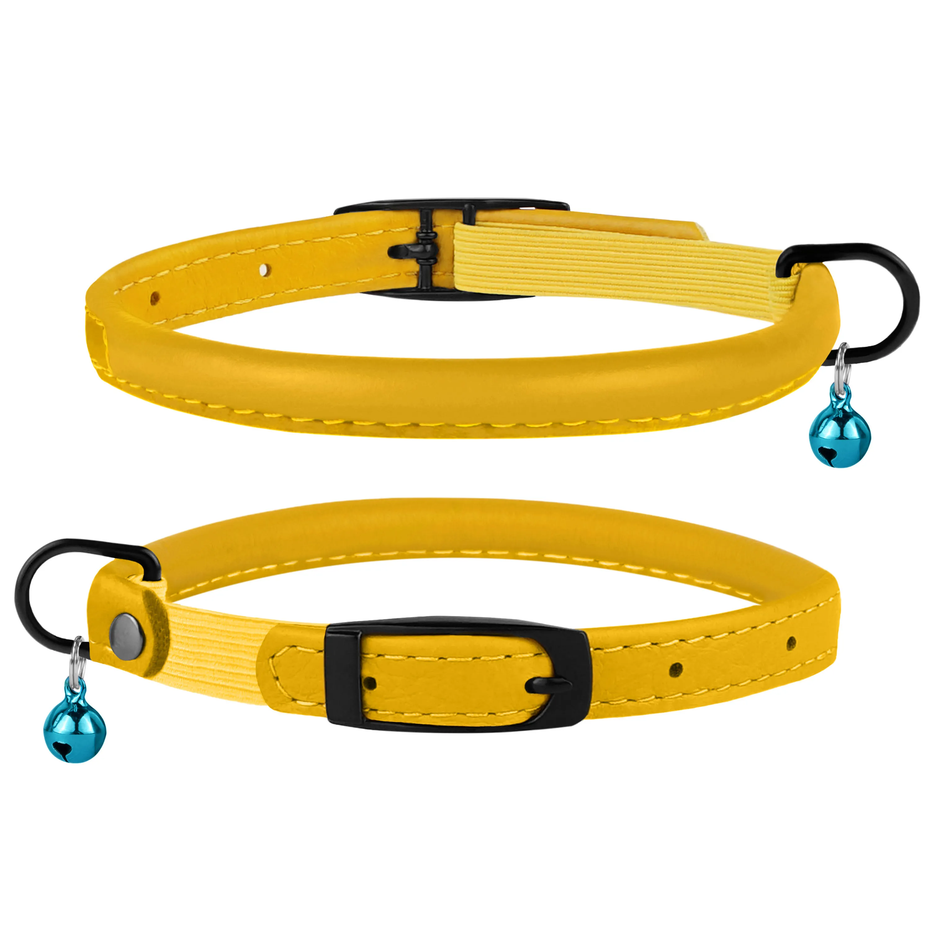 BronzeDog Premium Ошейник для Кошек Круглый Кожаный с Резинкой и Колокольчиком Горчичный 2XS