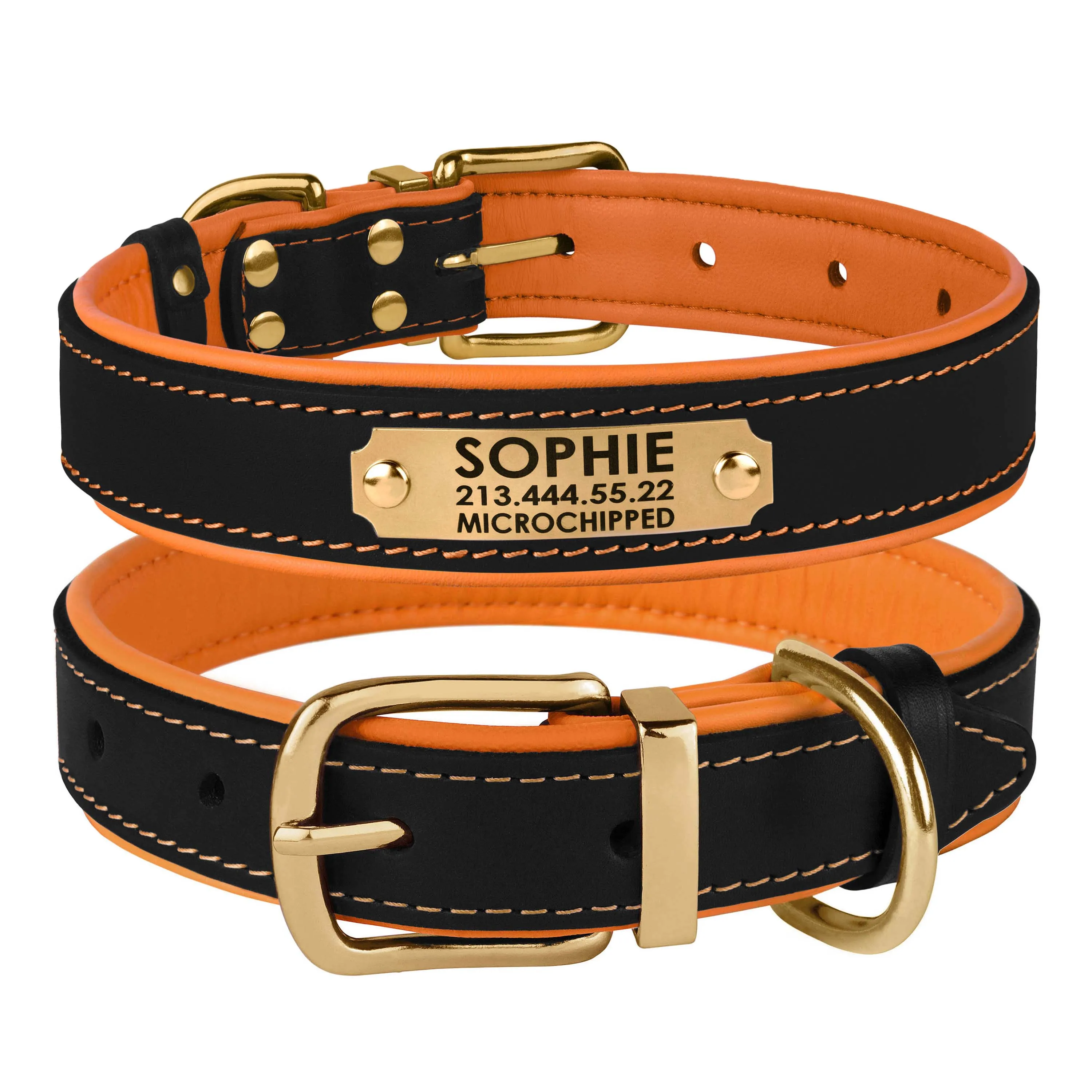 BronzeDog Premium ошейник для собак, кожаный с литой латунной фурнитурой и адресником (цвет: черно-оранжевый; размер: L)
