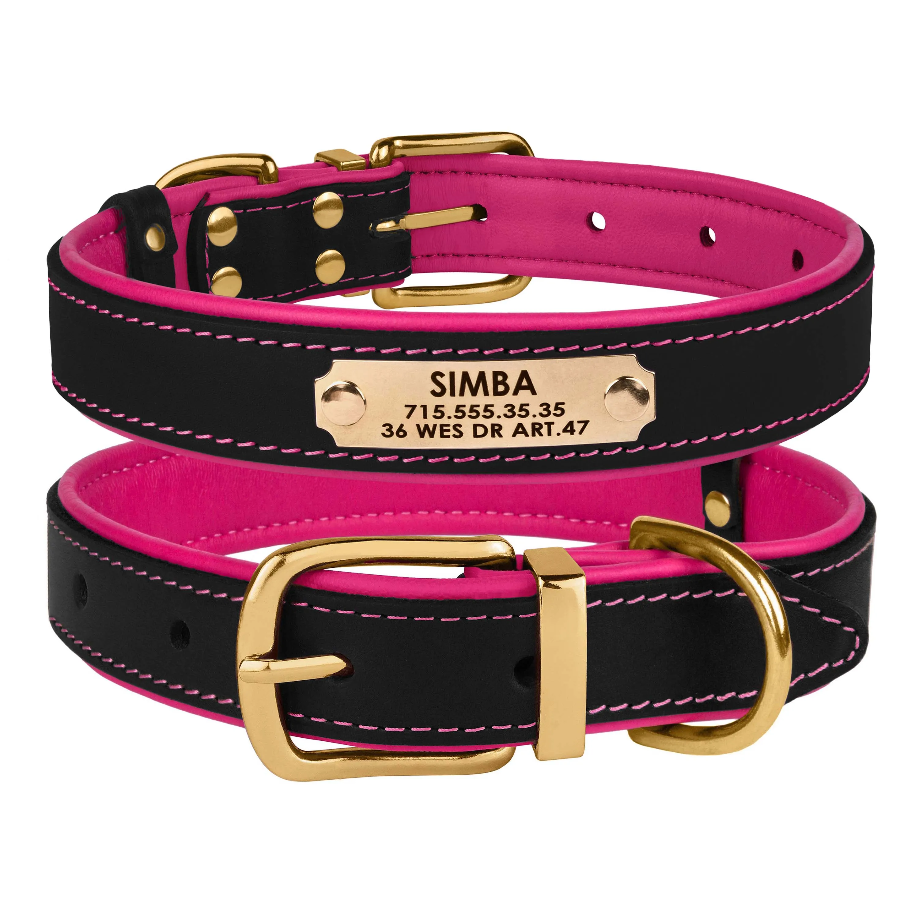 BronzeDog Premium ошейник для собак, кожаный с литой латунной фурнитурой и адресником (цвет: черно-розовый; размер: S)