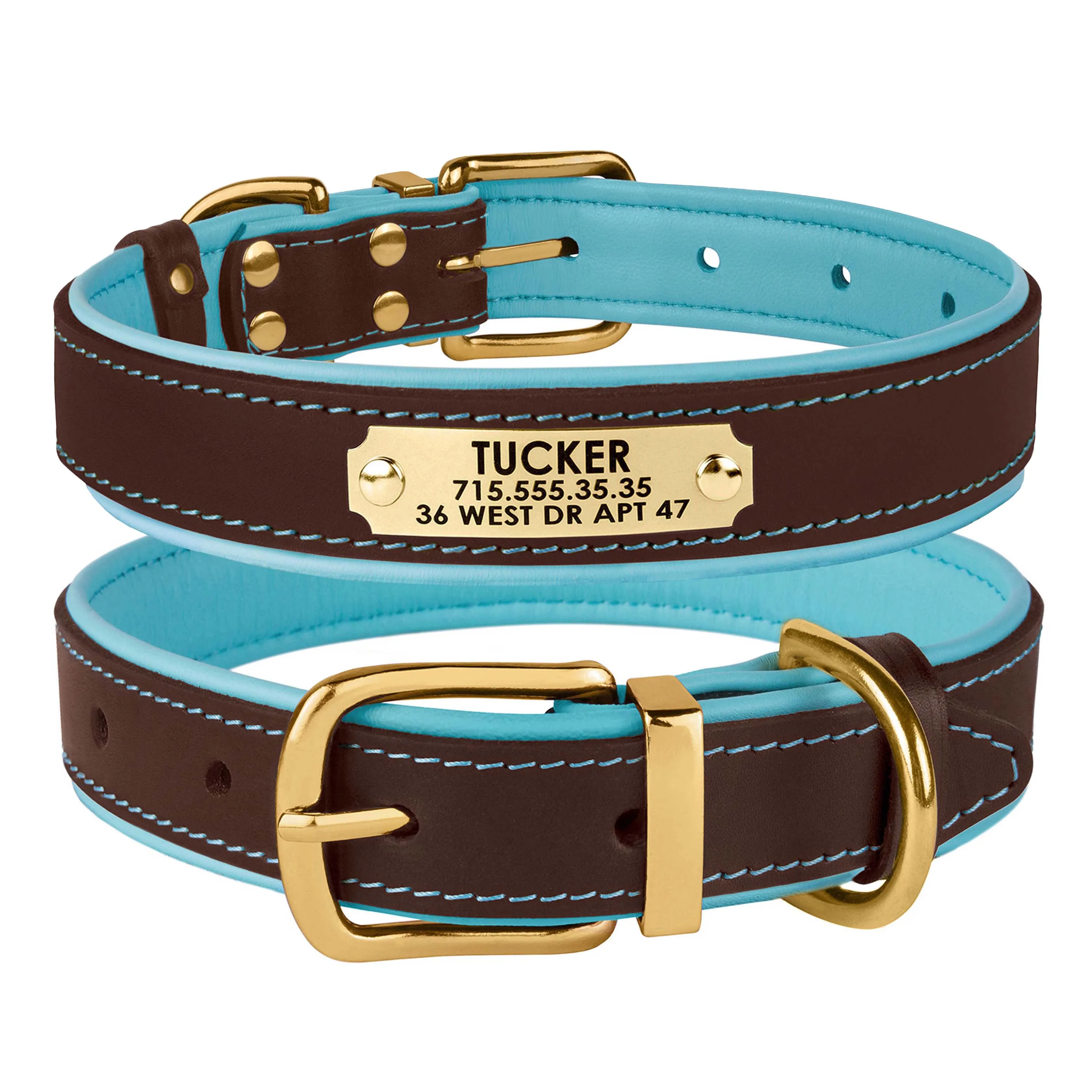 BronzeDog Premium ошейник для собак, кожаный с литой латунной фурнитурой и адресником (цвет: коричнево-голубой; размер: L)