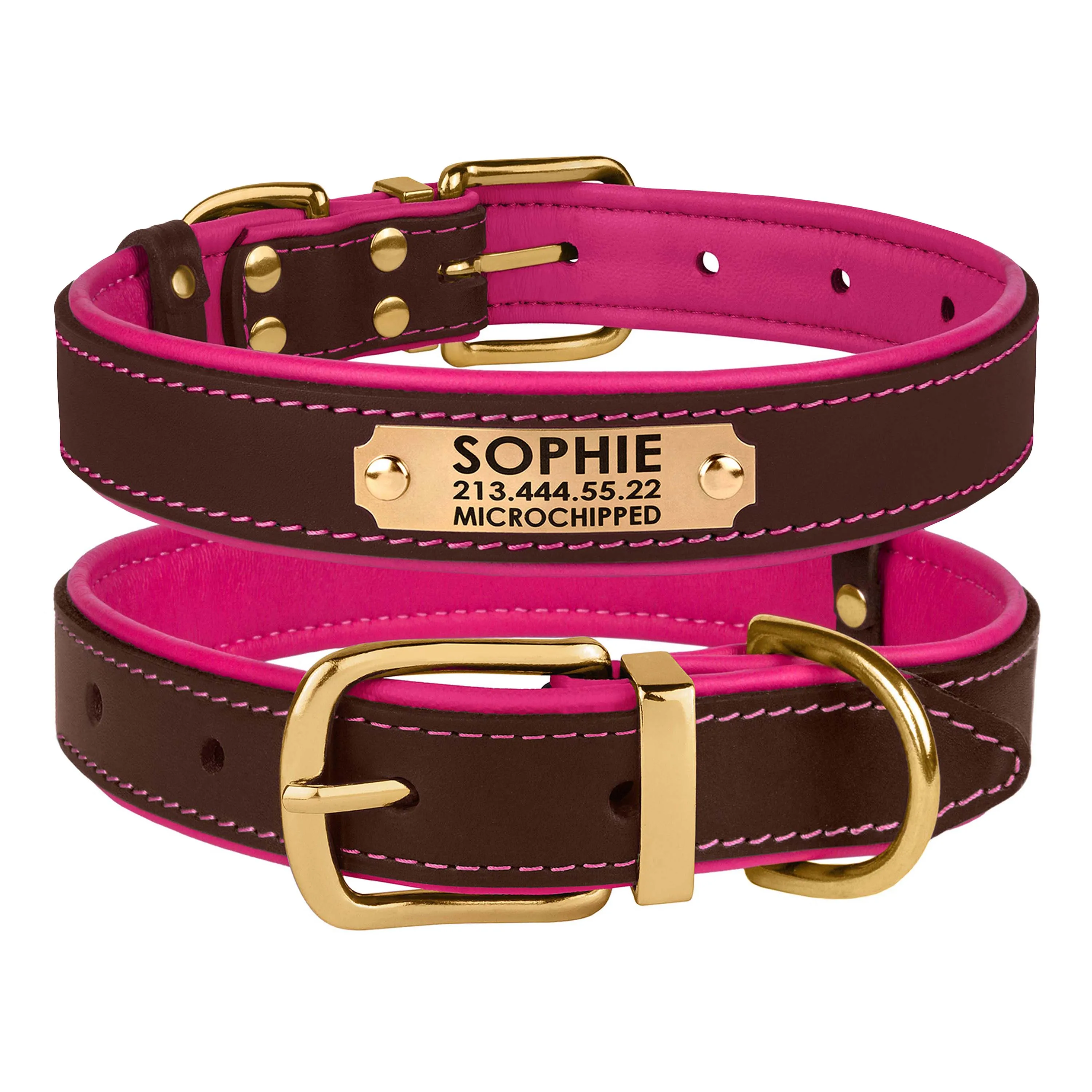 BronzeDog Premium ошейник для собак, кожаный с литой латунной фурнитурой и адресником (цвет: коричнево-розовый; размер: L)