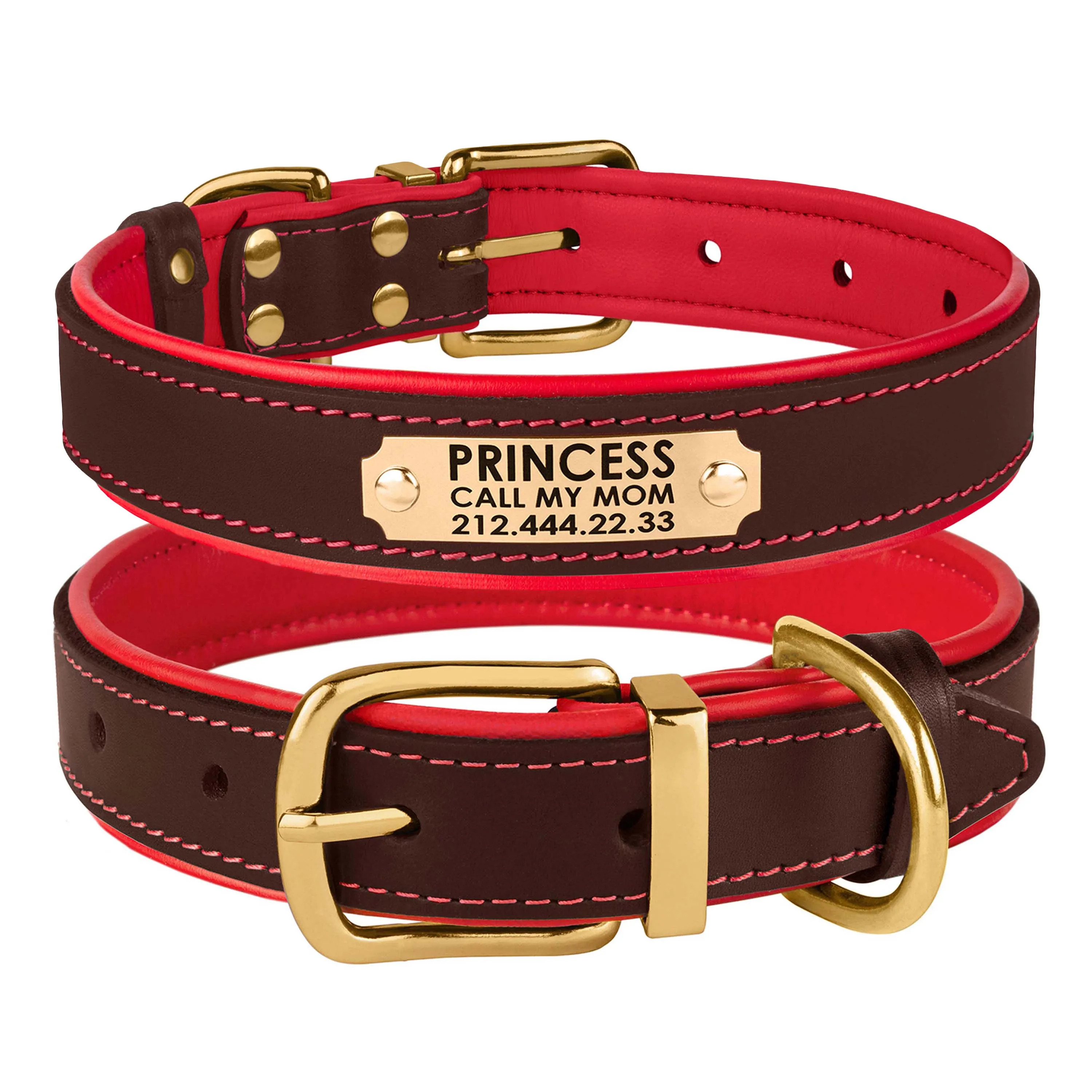 BronzeDog Premium ошейник для собак, кожаный с литой латунной фурнитурой и адресником (цвет: коричнево-красный; размер: L)