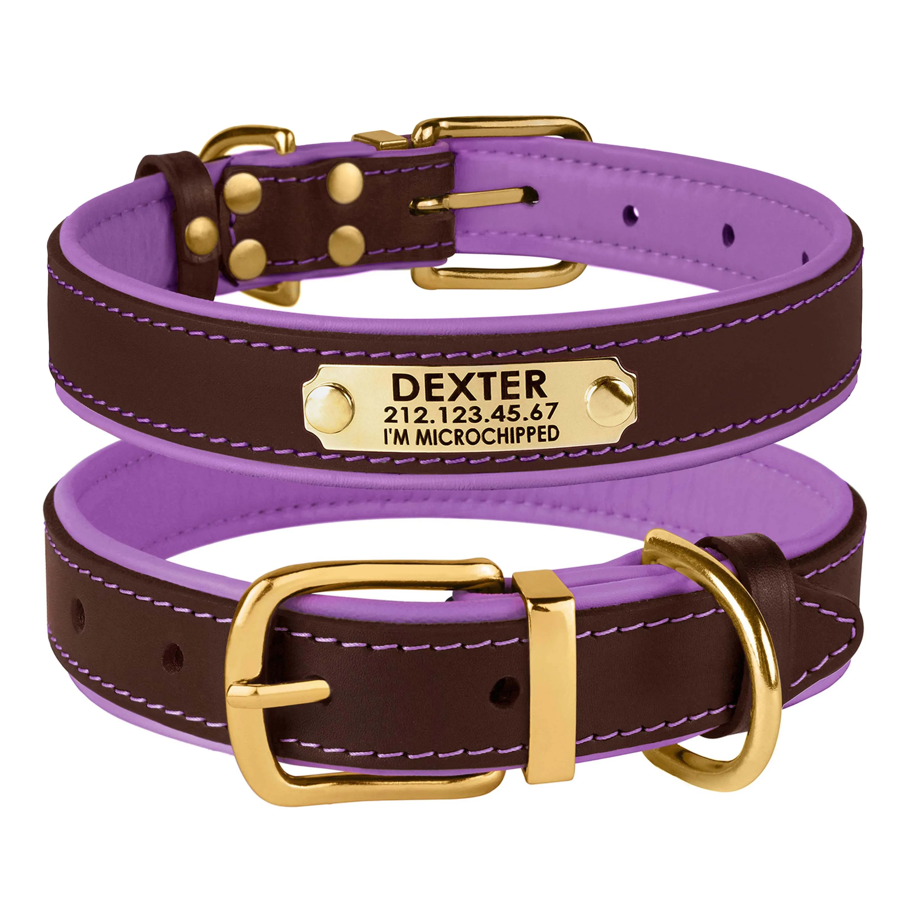BronzeDog Premium ошейник для собак, кожаный с литой латунной фурнитурой и адресником (цвет: коричнево-фиолетовый; размер: S)