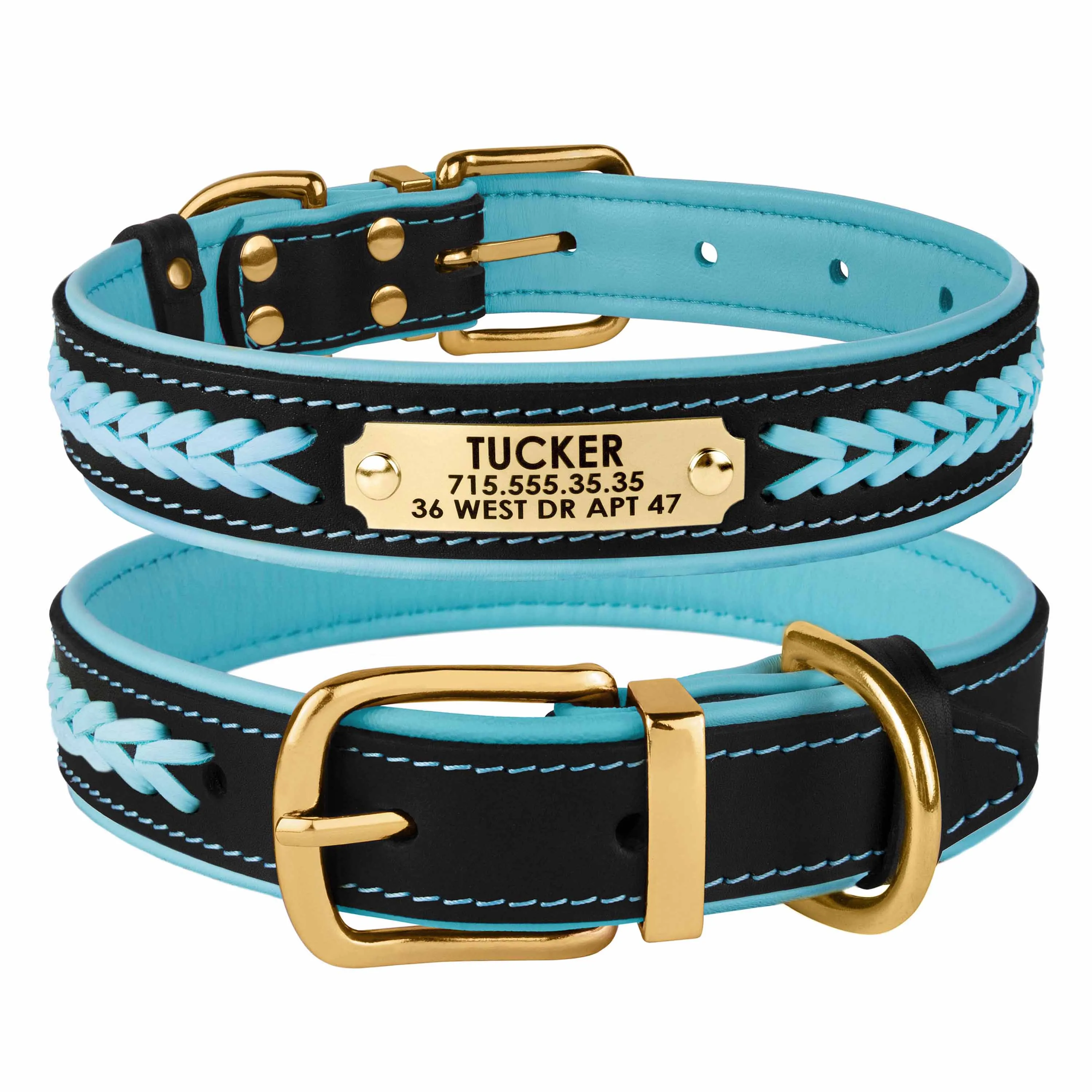 BronzeDog Premium ошейник для собак, кожаный с литой латунной фурнитурой, узором и адресником (цвет: черно-голубой; размер: M)