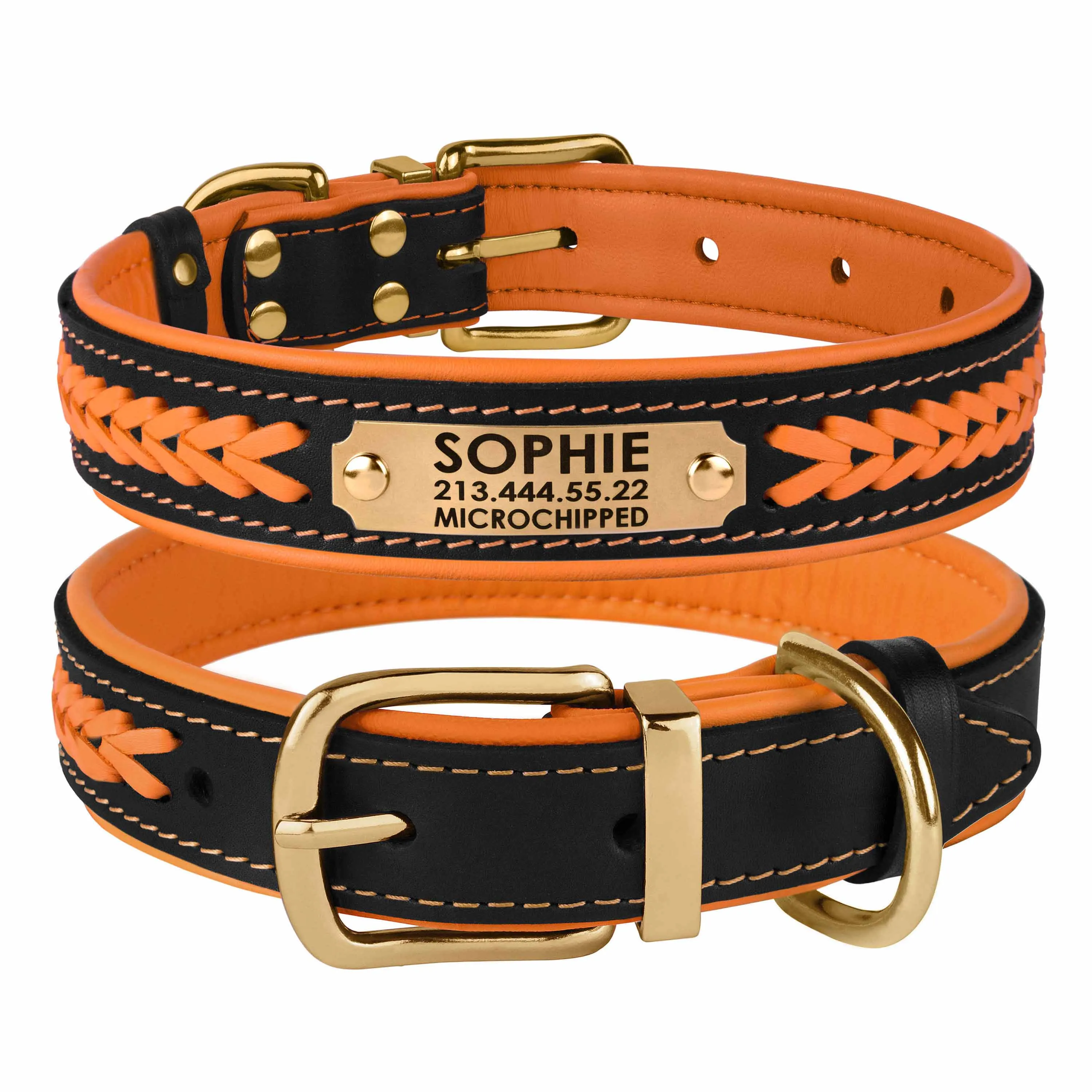 BronzeDog Premium ошейник для собак, кожаный с литой латунной фурнитурой, узором и адресником (цвет: черно-оранжевый; размер: XL)