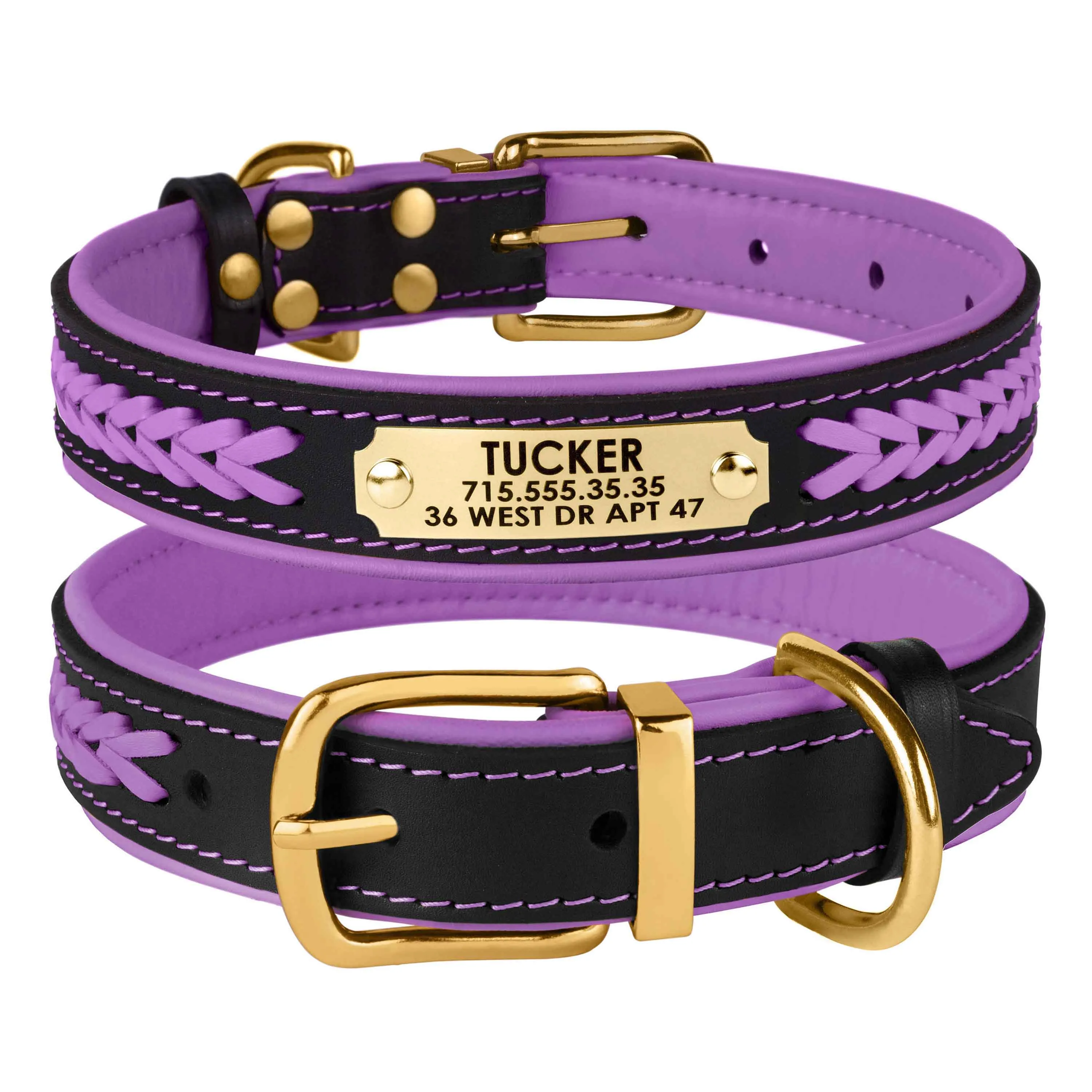 BronzeDog Premium ошейник для собак, кожаный с литой латунной фурнитурой, узором и адресником (цвет: черно-фиолетовый; размер: L)