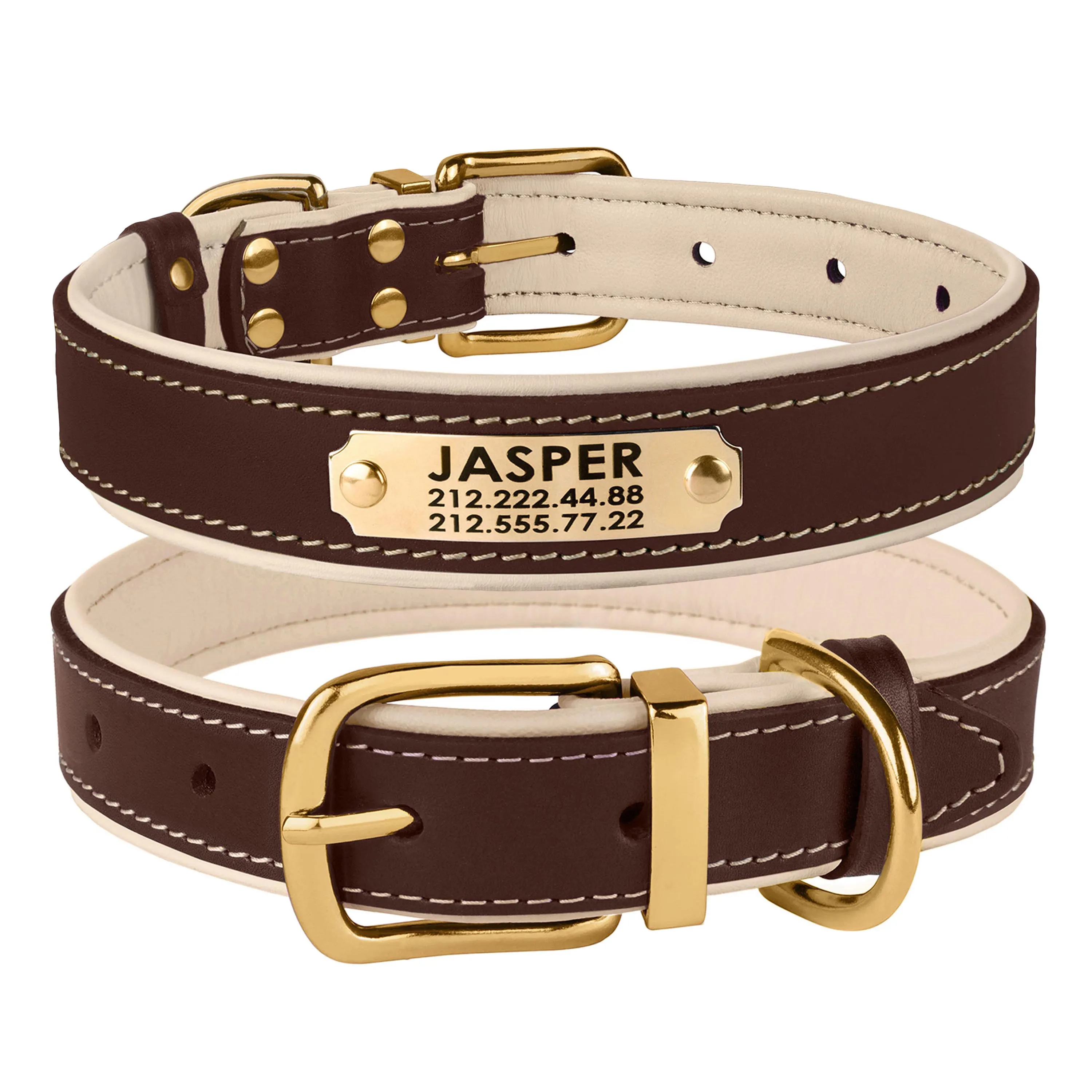 Bronzedog Premium Ошейник для собак кожаный с литой латунной фурнитурой и адресником коричнево-бежевый XL