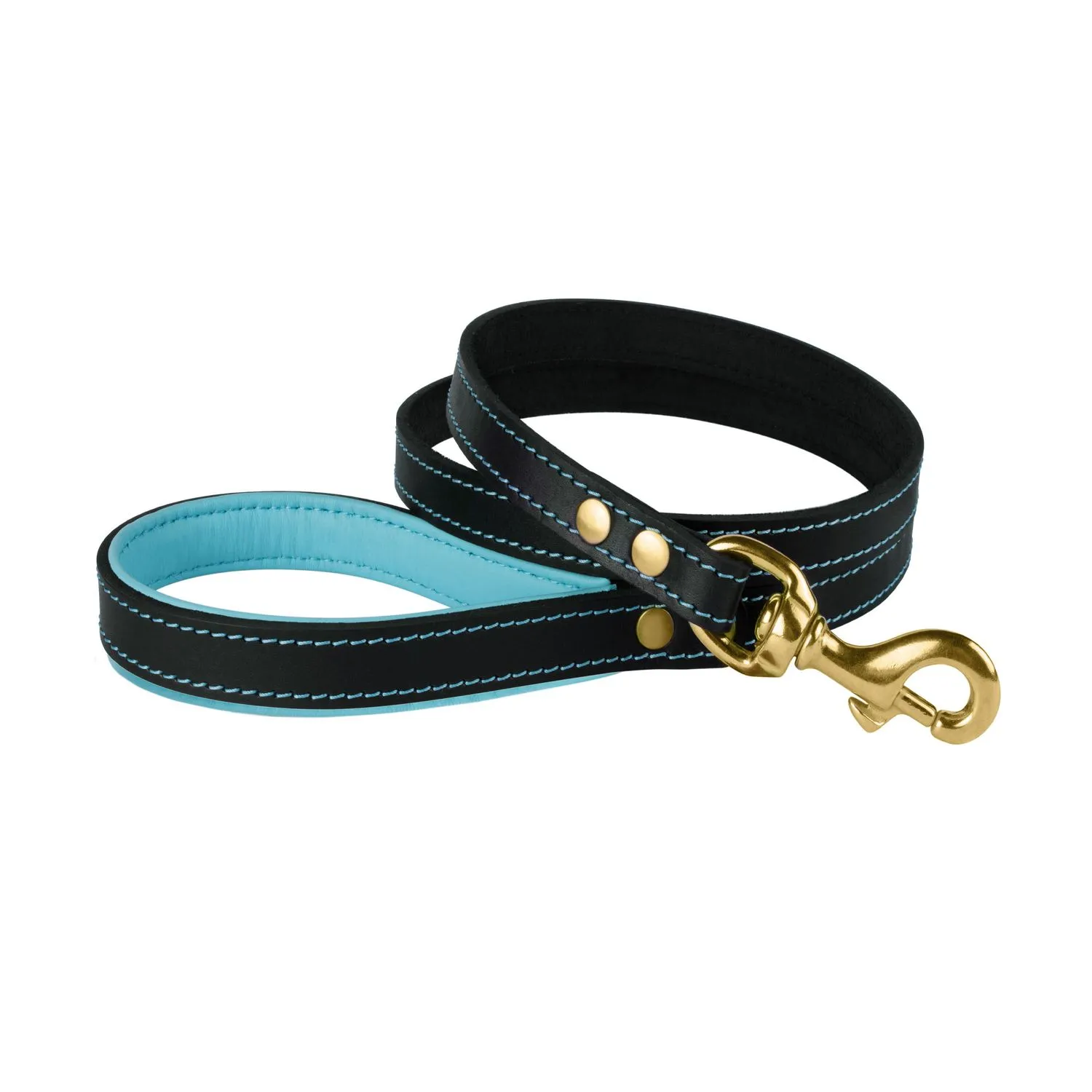 BronzeDog Premium Поводок для Собак Кожаный с Летой Латунной Фурнитурой Черно-Голубой L