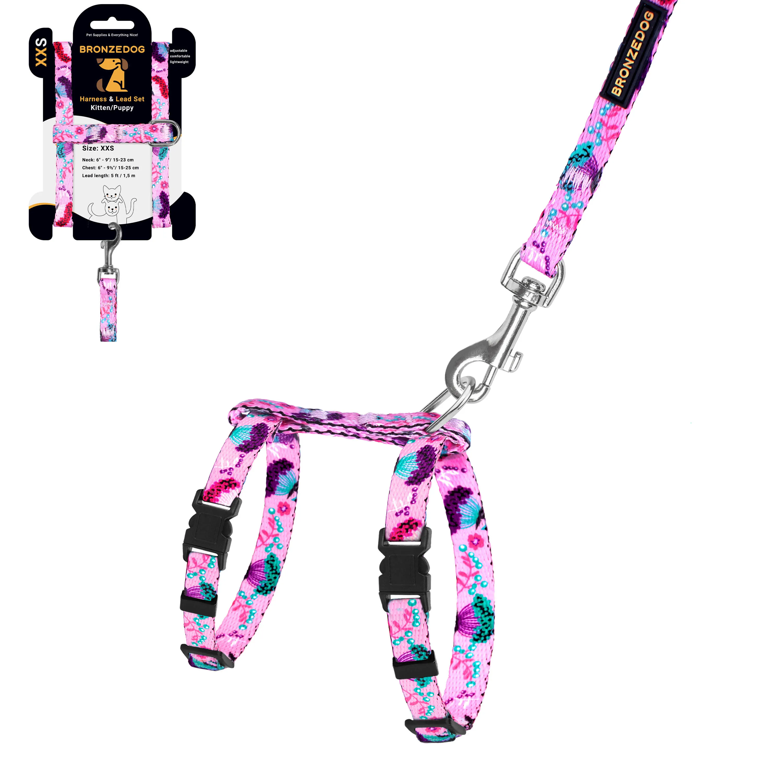 BronzeDog Urban Шлей с Поводком для Кошек и Мелких Собак Цветы Розовая 2XS
