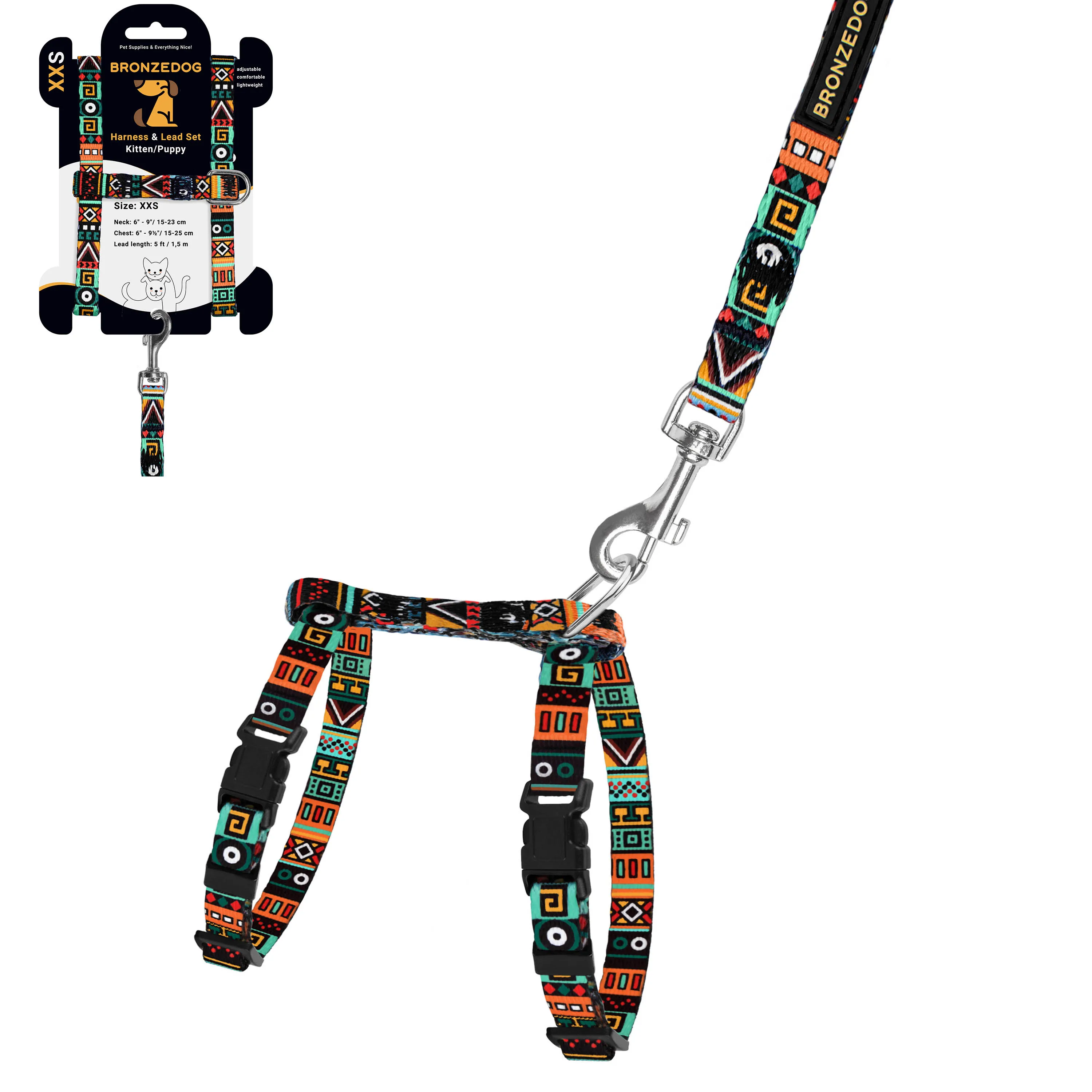 BronzeDog Urban Шлей с Поводком для Кошек и Мелких Собак Этническая Ментол 2XS