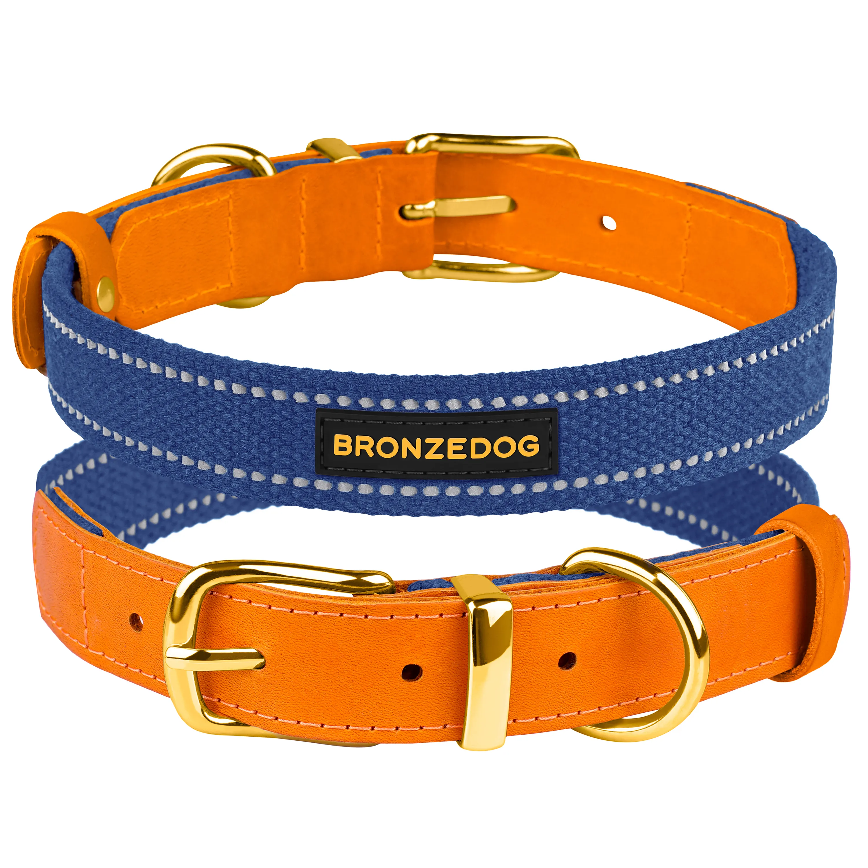 Bronzedog Сotton Ошейник для Собак Рефлекторный х/б+кожа с Ременной Пряжкой Синий S