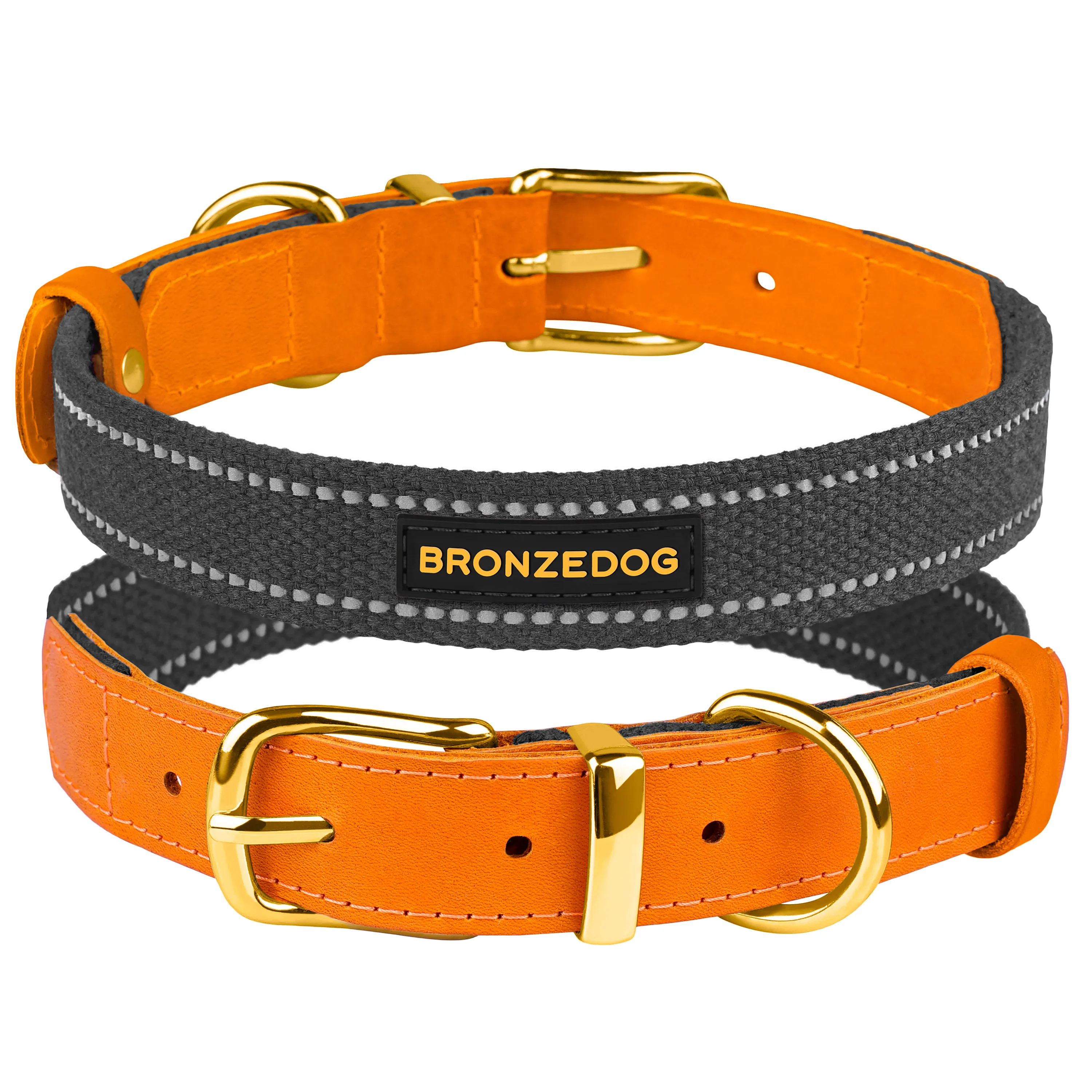 Bronzedog Сotton Ошейник для Собак Рефлекторный х/б+кожа с Ременной Пряжкой Графит S