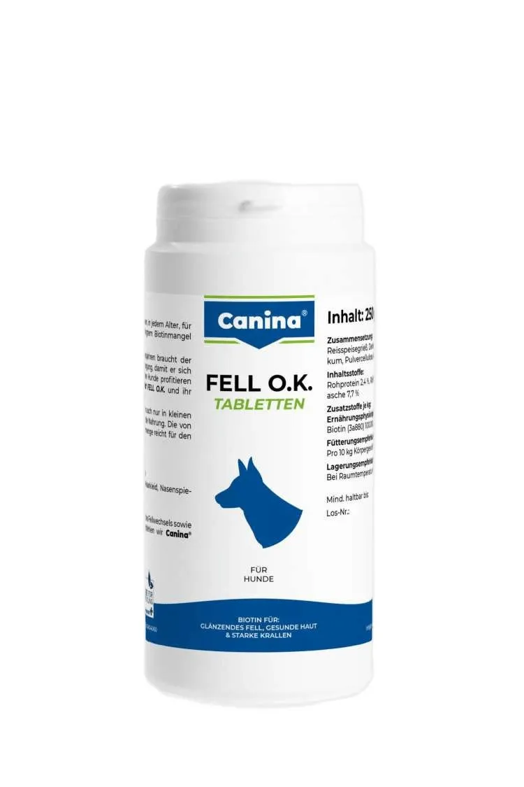 Canina Fell O.K. витамины для собак, для шерсти, суточная потребность в биотине (125 табл) – 250 г