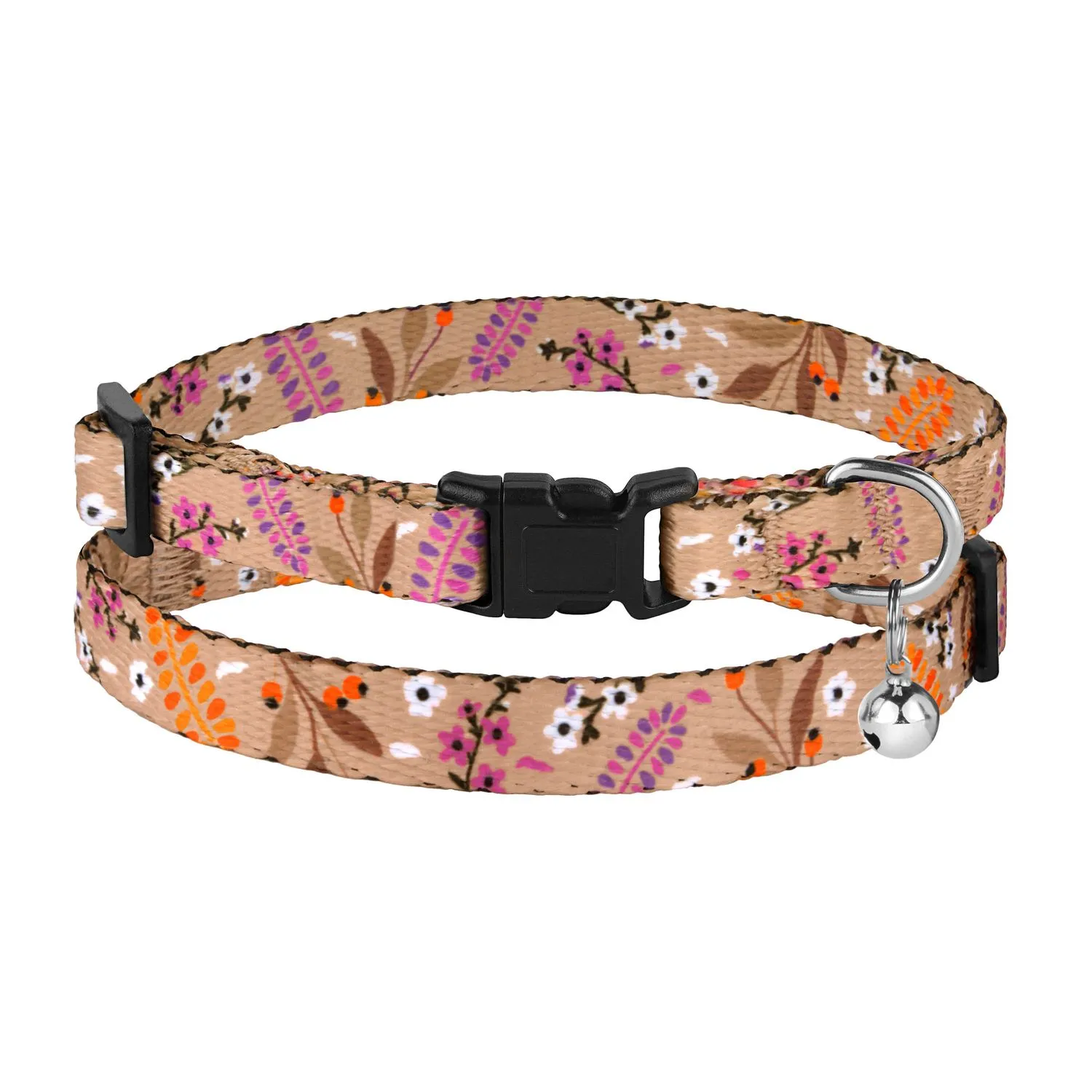 BronzeDog Urban Ошейник для Кошек Цветы Нейлоновый с Пластиковой Пряжкой и Колокольчиком Бежевый XS