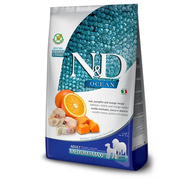 Farmina N&D Ocean Adult Medium&Maxi Cod, Pumpkin&Orange беззерновий сухий корм з тріскою та апельсином для собак середніх і великих порід - 12 кг