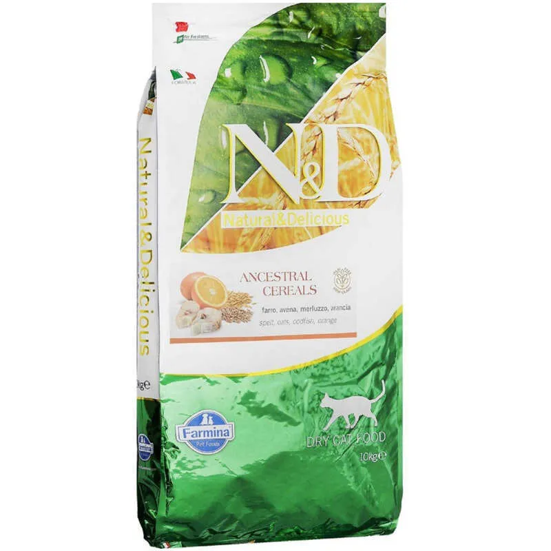 Farmina N&D Ocean Ancestral Cod, Spelt, Oats & Orange Adult низкозерновой сухой корм с треской и апельсином для взрослых кошек - 10 кг