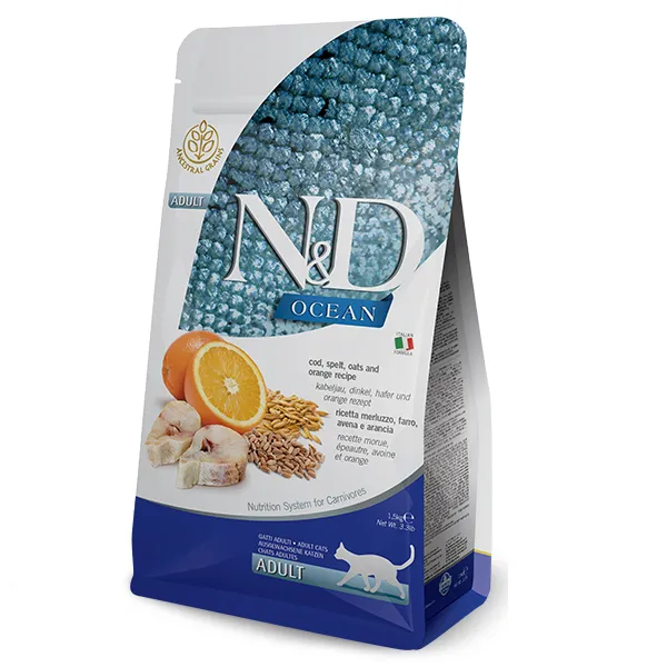 Farmina N&D Ocean Ancestral Cod, Spelt, Oats & Orange Adult низкозерновой сухой корм с треской и апельсином для взрослых кошек - 1,5 кг