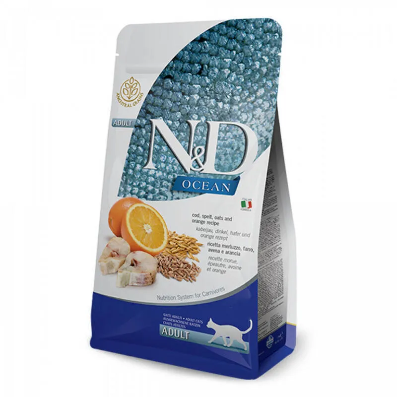 Farmina N&D Ocean Ancestral Cod, Spelt, Oats & Orange Adult низкозерновой сухой корм с треской и апельсином для взрослых кошек - 300 г