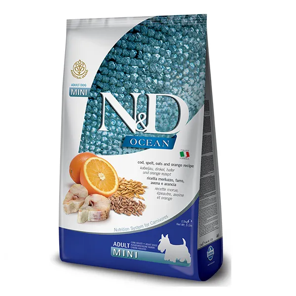 Farmina N&D Ocean Cod, Spelt, Oats & Orange Adult Mini низькозерновий сухий корм з тріскою та апельсином для дорослих собак дрібних порід - 2,5 кг
