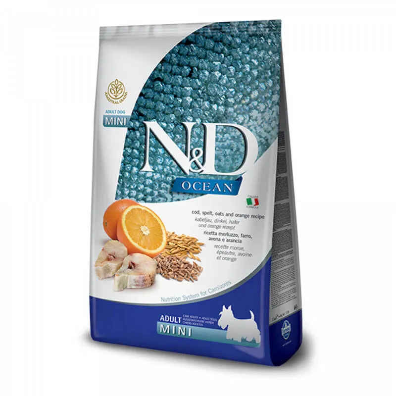 Farmina N&D Ocean Cod, Spelt, Oats & Orange Adult Mini низькозерновий сухий корм з тріскою та апельсином для дорослих собак дрібних порід - 800 г