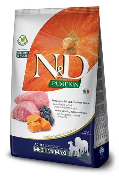 Farmina N&D Pumpkin Grain Free Dog Lamb & Blueberry Adult Medium & Maxi беззерновой сухой корм с ягненком, тыквой и черникой для взрослых собак средних и крупных пород - 2,5 кг