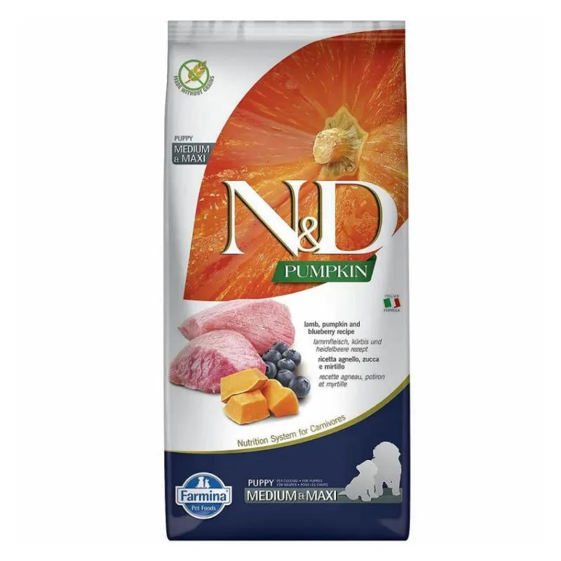 Farmina N&D Pumpkin Grain Free Lamb & Blueberry Puppy Medium & Maxi беззерновой сухой корм с ягненком, тыквой и черникой для щенков средних и крупных пород - 12 кг