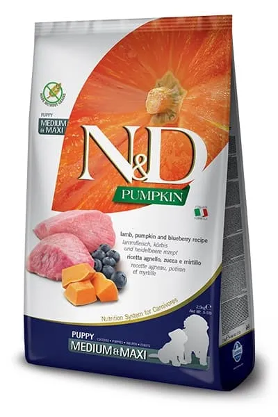 Farmina N&D Pumpkin Grain Free Lamb & Blueberry Puppy Medium & Maxi беззерновой сухой корм с ягненком, тыквой и черникой для щенков средних и крупных пород - 2,5 кг