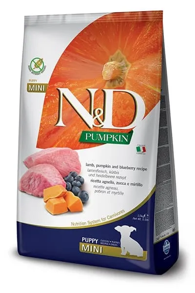 Farmina N&D Pumpkin Grain Free Lamb & Blueberry Puppy Mini сухий беззерновий корм з ягнятком, гарбузом і чорницею для цуценят дрібних порід - 2,5 кг