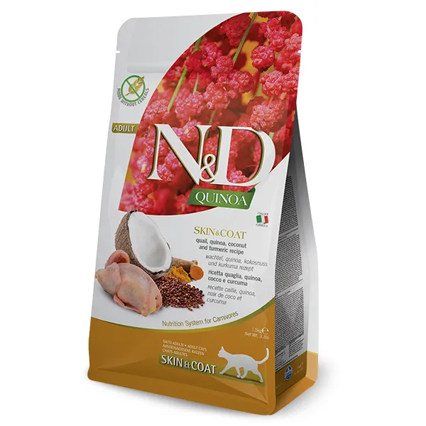 Farmina N&D Quinoa Grain Free Skin & Coat Adult Cat беззерновой сухой корм с перепелом, киноа, кокосом и кукурузой для взрослых кошек склонных к заболеванию кожи и шерсти - 1,5 кг