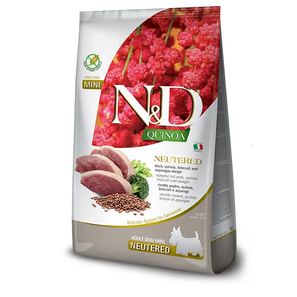 Farmina N&D Quinoa Neutered Duck, Brocooli&Asparagus сухий корм качка, кіноа, броколі та спаржа для дорослих стерилізованих собак дрібних порід - 2,5 кг