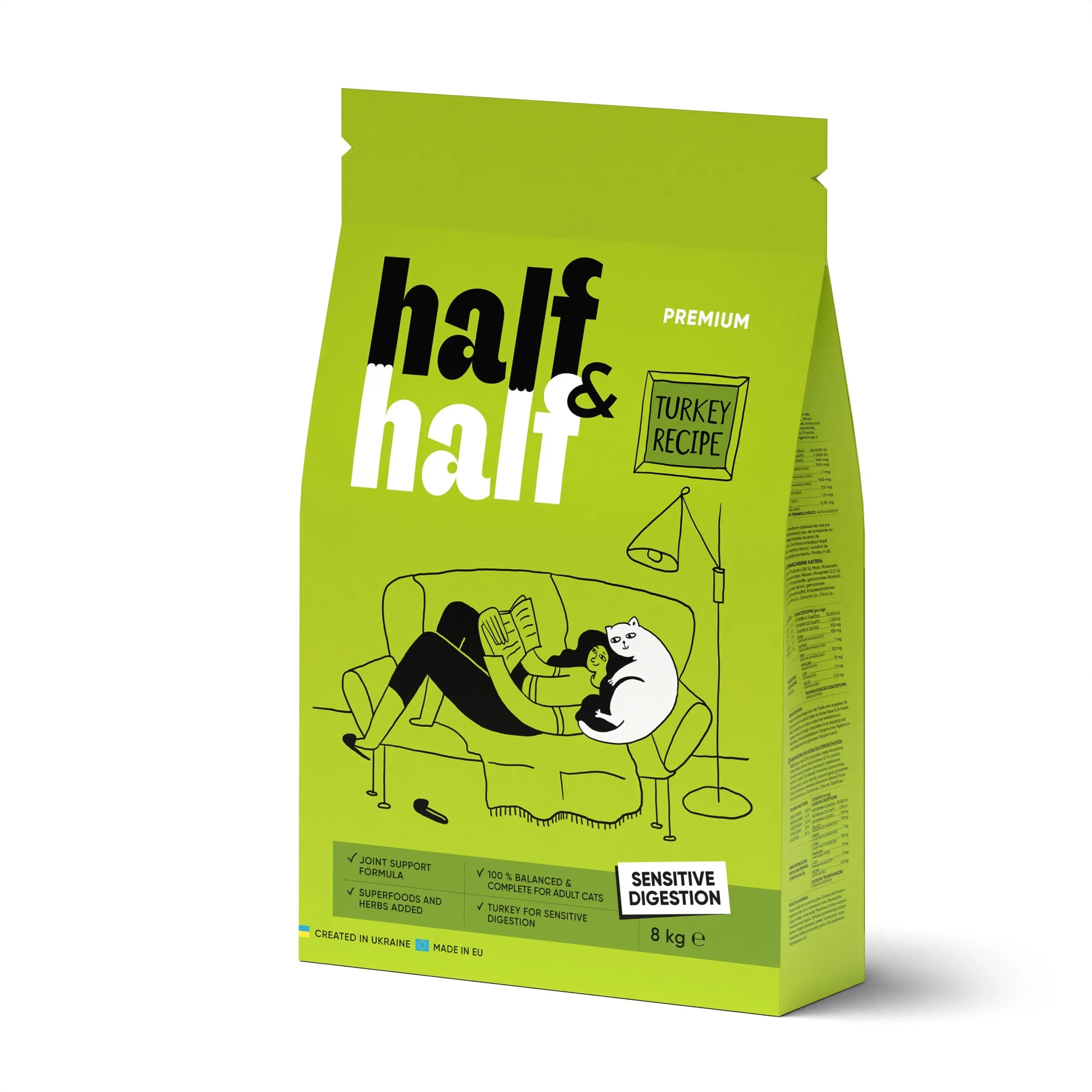 Half&Half Cat Sensitive Turkey сухой корм для кошек с чувствительным пищеварением, с индейкой - 8 кг