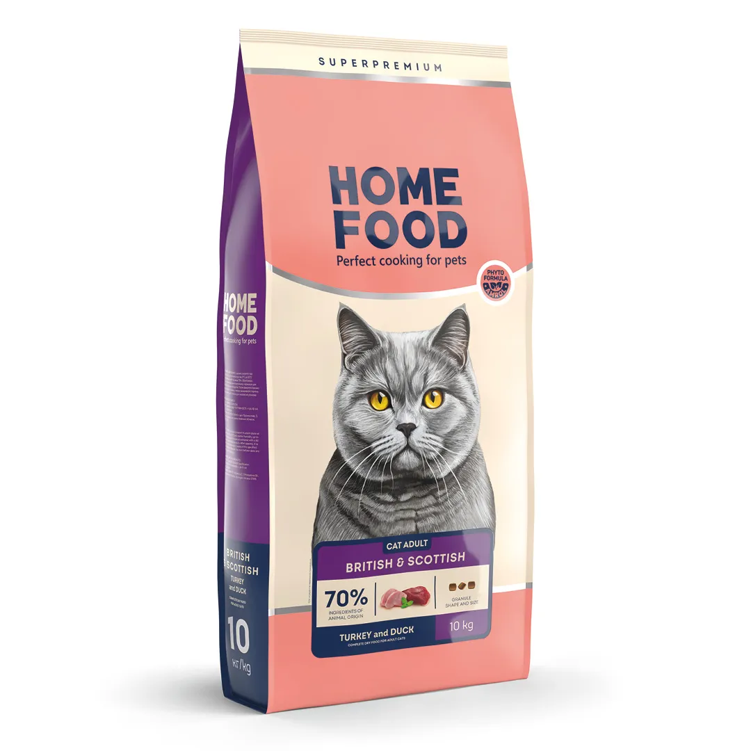 Home Food CAT Adult British&Scottish Breeds Turkey and Duck, 10 кг, сухой корм для взрослых кошек британских и шотландских пород, индейка и утка