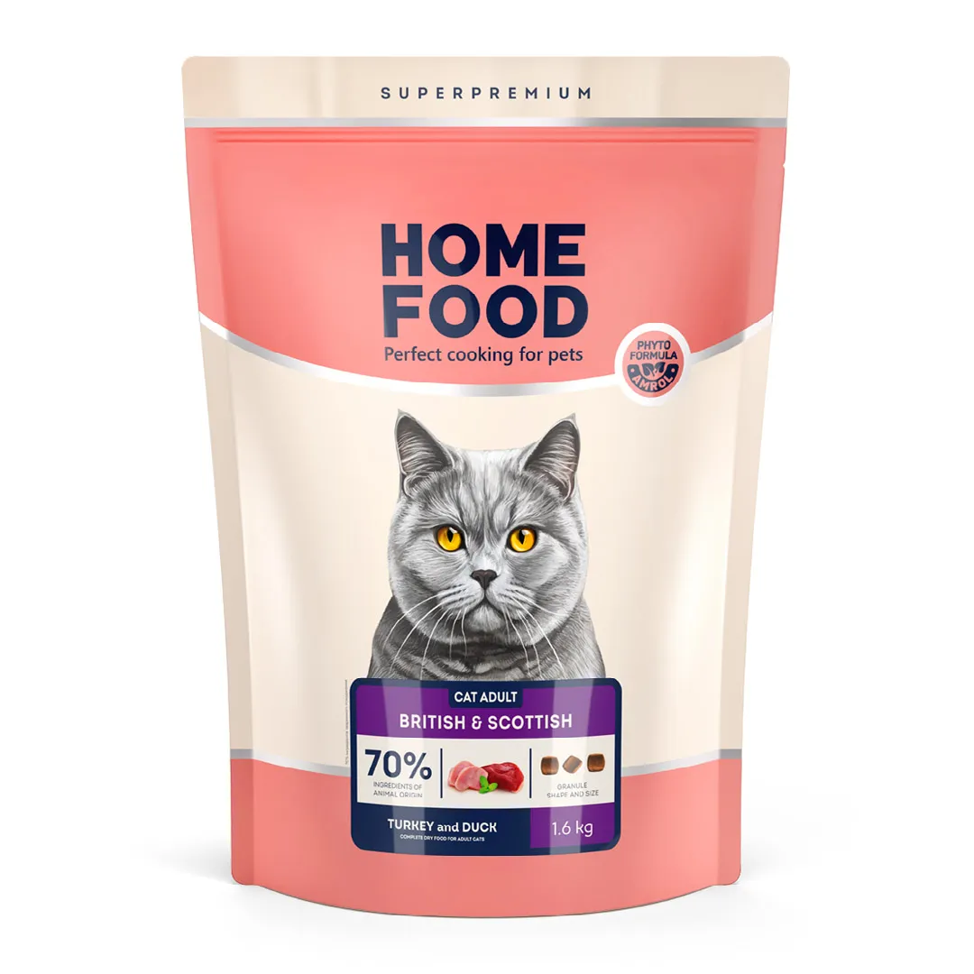 Home Food CAT Adult British&Scottish Breeds Turkey and Duck, 1,6 кг, сухой корм для взрослых кошек британских и шотландских пород, индейка и утка