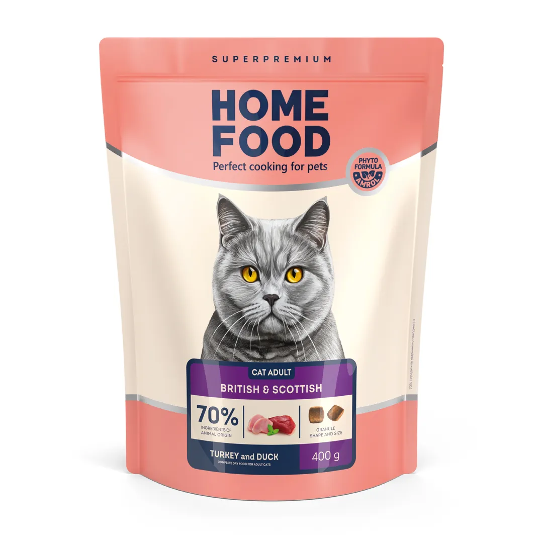 Home Food CAT Adult British&Scottish Breeds Turkey and Duck, 400 г, сухой корм для взрослых кошек британских и шотландских пород, индейка и утка