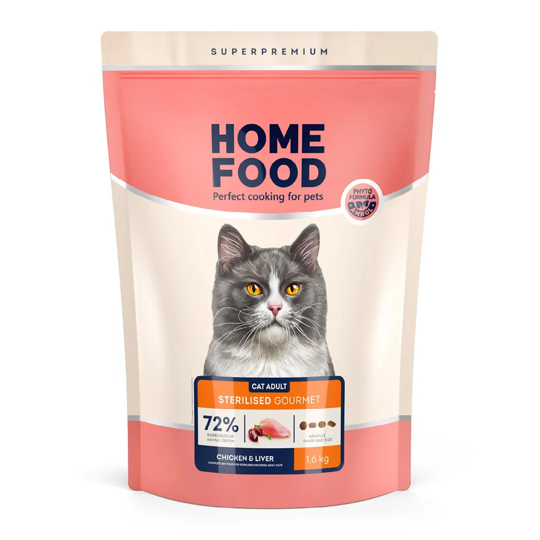 Home Food CAT Adult Sterilised Gourmet Chicken&Liver, 1,6 кг, сухой корм для взрослых стерилизованных, привередливых кошек с курицей и печенью