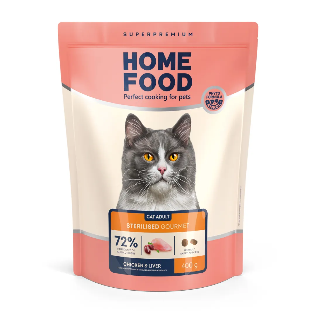 Home Food CAT Adult Sterilised Gourmet Chicken&Liver, 400 г, сухой корм для взрослых стерилизованных, привередливых кошек с курицей и печенью