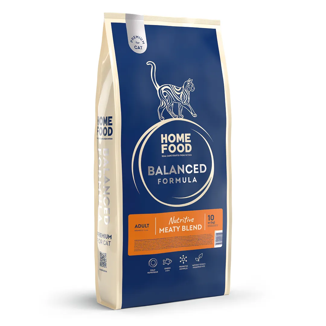 Home Food CAT Balanced Formula Adult Nutritive Meaty Blend, 10 кг, сухий корм для дорослих котів, м'ясне асорті